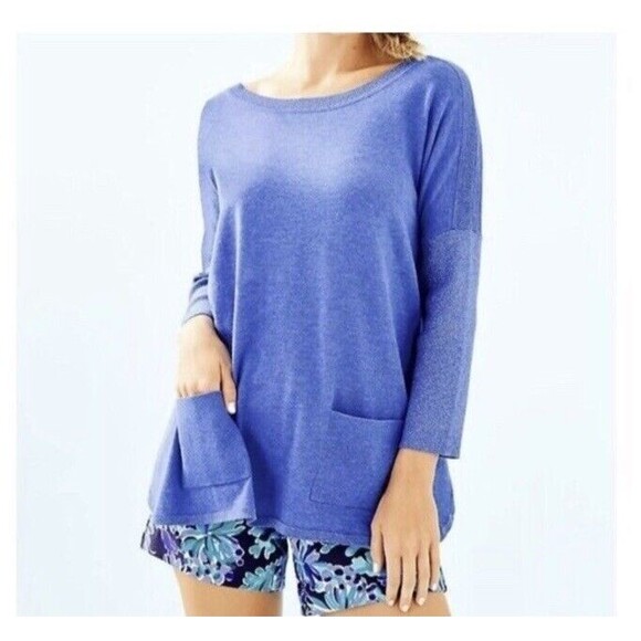 Lilly Pulitzer Cobo Sweater Womens Heathered Coastal Blue Sparkle Sleeve - Picture 1 of 7